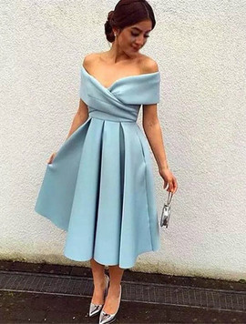 Sky Blue A-Line Tea Length Party Simple Prom Dress