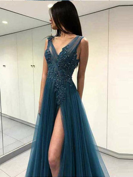 Sexy V Neck  Long Side Split Tulle Beading Evening Prom Dress