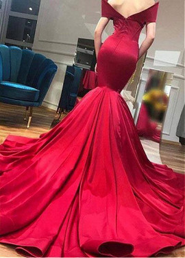Satin Off-the-shoulder Burgundy Floor-length Mermaid Evening Dress
