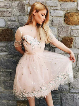 Pink Tulle Bateau Knee Length  Homecoming Dress with Appliques