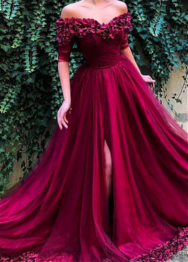 Tulle Off-the-shoulder Burgundy A-line Evening Dresses With Handmade Flowers