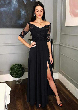 Half Sleeves Off-the-shoulder Black A-line Evening Dress With Lace Appliques & Slit
