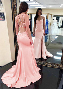 Satin Spaghetti Straps Pink Mermaid Prom Dresses With Beadings