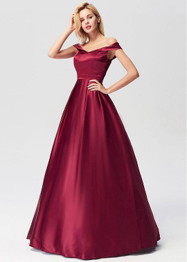 Satin Off-the-shoulder Burgundy A-line Prom Evening Dress