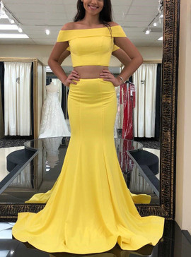 Yellow Mermaid Two Piece Off the Shoulder Satin Long Prom Dress