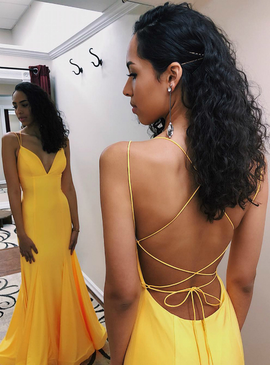 Satin Spaghetti Straps Cross Back Yellow Mermaid Prom Dress
