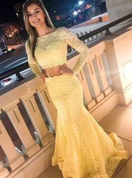Two Piece Lace Long Sleeve Yellow Mermaid Prom Dress