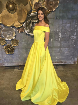 Off the Shoulder Yellow Satin Evening Dress with Pockets  