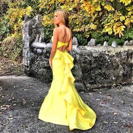 Yellow Satin Backless Sweetheart Mermaid Long Prom Dress