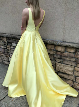Yellow Satin V-neck Backless Long Prom Dress With Pocket