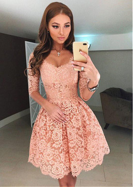 Coral Lace V-neck Neckline 3/4 Length Sleeves Homecoming Dress