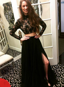 High Neck Long Sleeve Lace Appliques Tulle Black Two Piece Prom Dress