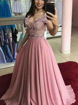 Chiffon Off the Shoulder A-Line Pink Appliques Prom Dress
