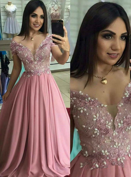 Chiffon Off the Shoulder A-Line Pink Appliques Prom Dress