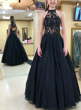 Lace Appliques Halter Black Tulle Backless Prom Dress