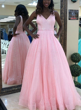  Tulle Sequins V-neck A-Line Pink Backless Prom Dress 