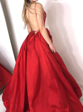 Spaghetti Straps Satin Backless Red Satin Prom Dress With Side Split