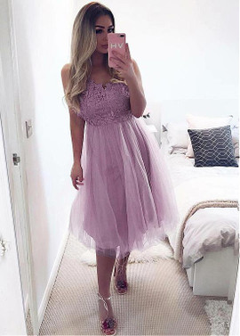Tulle Spaghetti Straps Lavender Knee-length A-line Prom Dress