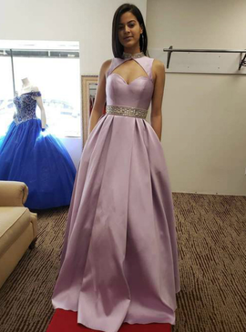  Purple Satin A-Line High Neck Beading Prom Dress With Pocket