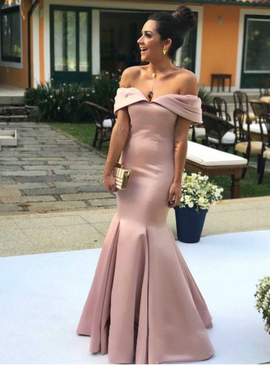 Satin Off the Shoulder Pink Mermaid Prom Dress
