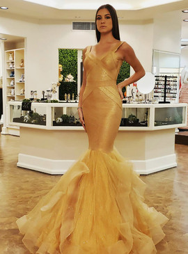 Straps Tulle Long Gold Mermaid Prom Dress Evening Dress