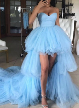  Long Train Blue Tulle Hi Lo Sweetheart Prom Dress