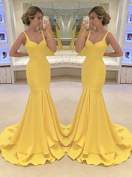 Mermaid Spaghetti Straps Yellow  With Layers Satin Prom Dresses