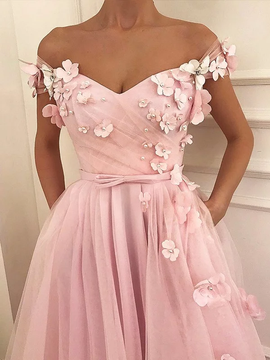Princess Off-the-Shoulder Floor-Length Applique Tulle Prom Dresses