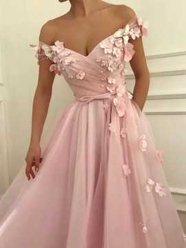 Princess Off-the-Shoulder Floor-Length Applique Tulle Prom Dresses