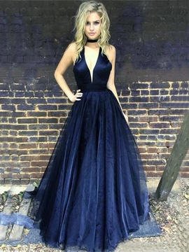 A-Line/Princess Sleeveless V-neck Navy Ruffles Tulle Prom Dresses