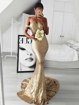 Trumpet/Mermaid Sleeveless Off-the-Shoulder Gold Ruffles Sequins Dresses