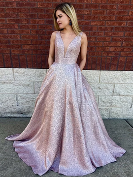 A-Line/Princess Sleeveless Pink  V-neck Sequin Lace Prom Dresses
