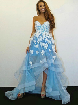 Sweetheart Sweetheart White Hi Lo Blue Applique Prom Dress