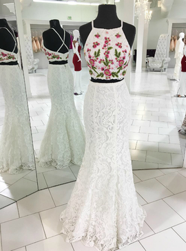 Lace Mermaid Long White Two Piece Prom Dress with Embroidery