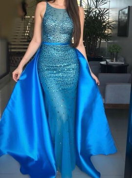 Satin Mermaid Crystal Mermaid Blue Long Prom Dress