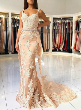 Tulle Lace Appliques Straps Champagne Mermaid Prom Dress