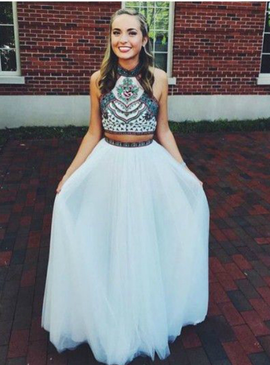 Halter Embroidery Tulle Long White Two Piece Prom Dress