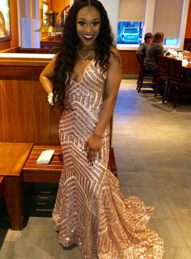 Sequins Deep V-neck Backless Sexy Pink Mermaid Prom Dress