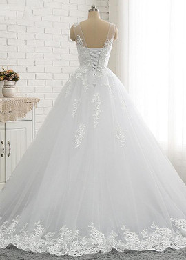 Satin Jewel Beading A-line Wedding Dresses With Lace Appliques