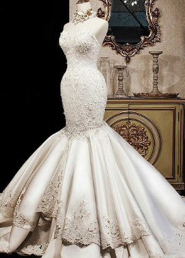 Tulle & Satin Sweetheart Beaded Lace Appliques Mermaid Wedding Dresses