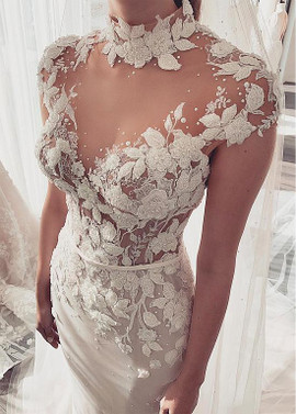 Beading Illusion High Collar Sheath/Column 3D Lace Appliques  Wedding Dresses