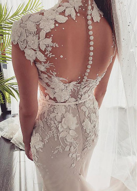 Beading Illusion High Collar Sheath/Column 3D Lace Appliques  Wedding Dresses