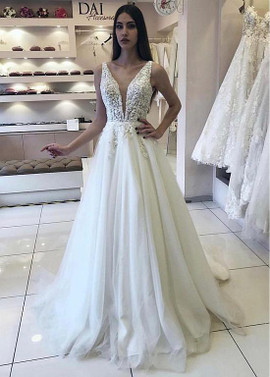 Beading Appliques Tulle V-neck Long A-line Wedding Dress