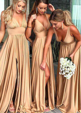 Gold Spandex V-neck Long A-line Bridesmaid Dress With Slit