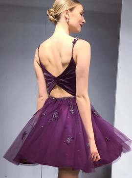 Tulle Spaghetti Straps Grape Homecoming Dress with Appliques Beading