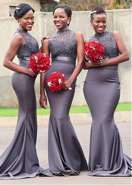 Appliques Illusion High Neck Gray  Mermaid Bridesmaid Dress