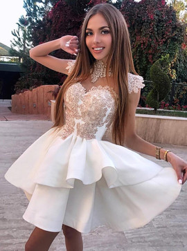 High Neck White Satin Homecoming Prom Dress with Appliques