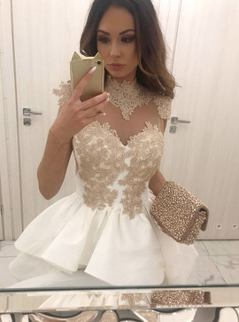 High Neck White Satin Homecoming Prom Dress with Appliques
