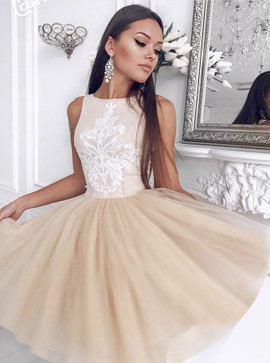 Shop 2019 Champagne A-Line Bateau Homecoming Party Dress with Appliques