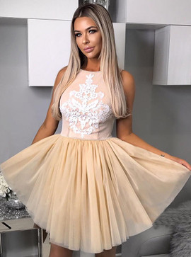 Shop 2019 Champagne A-Line Bateau Homecoming Party Dress with Appliques